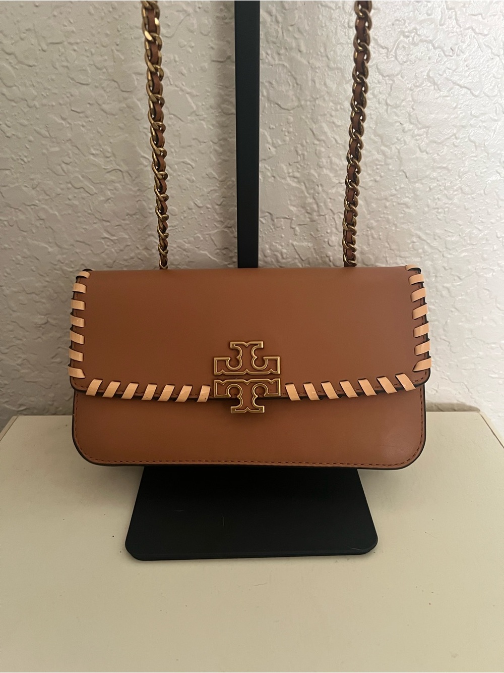 Tory Burch Tan Whipstitch Leather Crossbody with Gold Logo